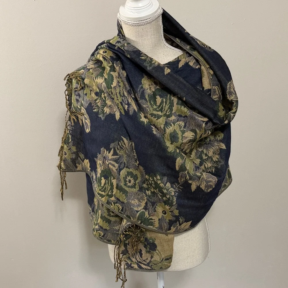 Floral Jacquard Wrap Shawl in Navy and Olive
